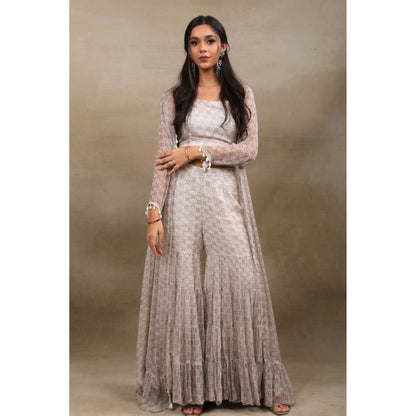 SAUBHAGYA Grey Hand Block Print Chiffon Blouse with Sharara and Cape (Set of 3)
