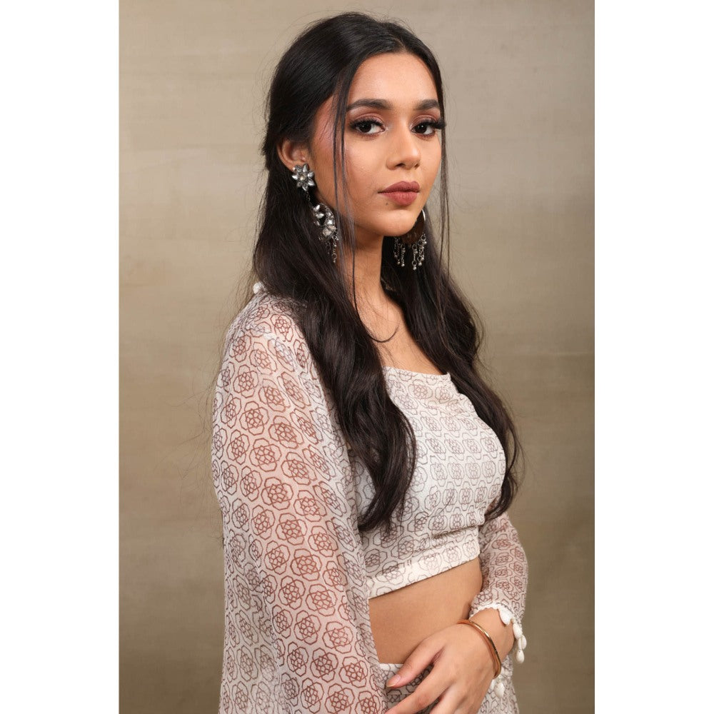 SAUBHAGYA Grey Hand Block Print Chiffon Blouse with Sharara and Cape (Set of 3)