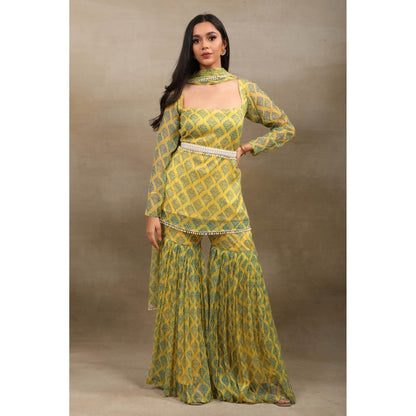 SAUBHAGYA Yellow Hand Block Print Chiffon Kurta with Sharara and Dupatta Belt (Set of 4)