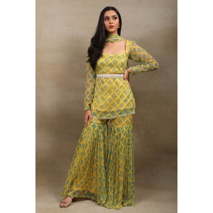 SAUBHAGYA Yellow Hand Block Print Chiffon Kurta with Sharara and Dupatta Belt (Set of 4)