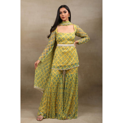 SAUBHAGYA Yellow Hand Block Print Chiffon Kurta with Sharara and Dupatta Belt (Set of 4)
