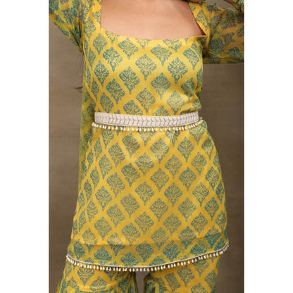 SAUBHAGYA Yellow Hand Block Print Chiffon Kurta with Sharara and Dupatta Belt (Set of 4)