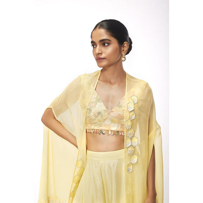 SAYAANIKA Zinnia Yellow Floral Embellished Cape with Blouse and Palazzo (Set of 3)