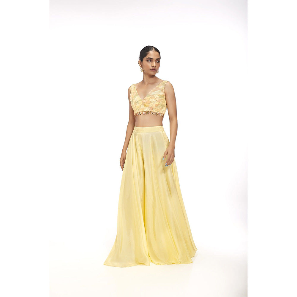 SAYAANIKA Zinnia Yellow Floral Embellished Cape with Blouse and Palazzo (Set of 3)