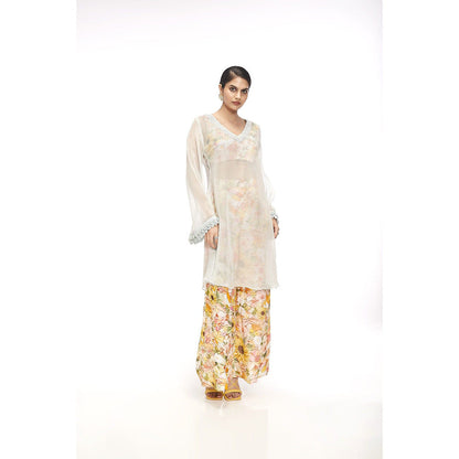 SAYAANIKA Heather Yellow Floral Embellished Kurta with Bustier and Pant (Set of 3)