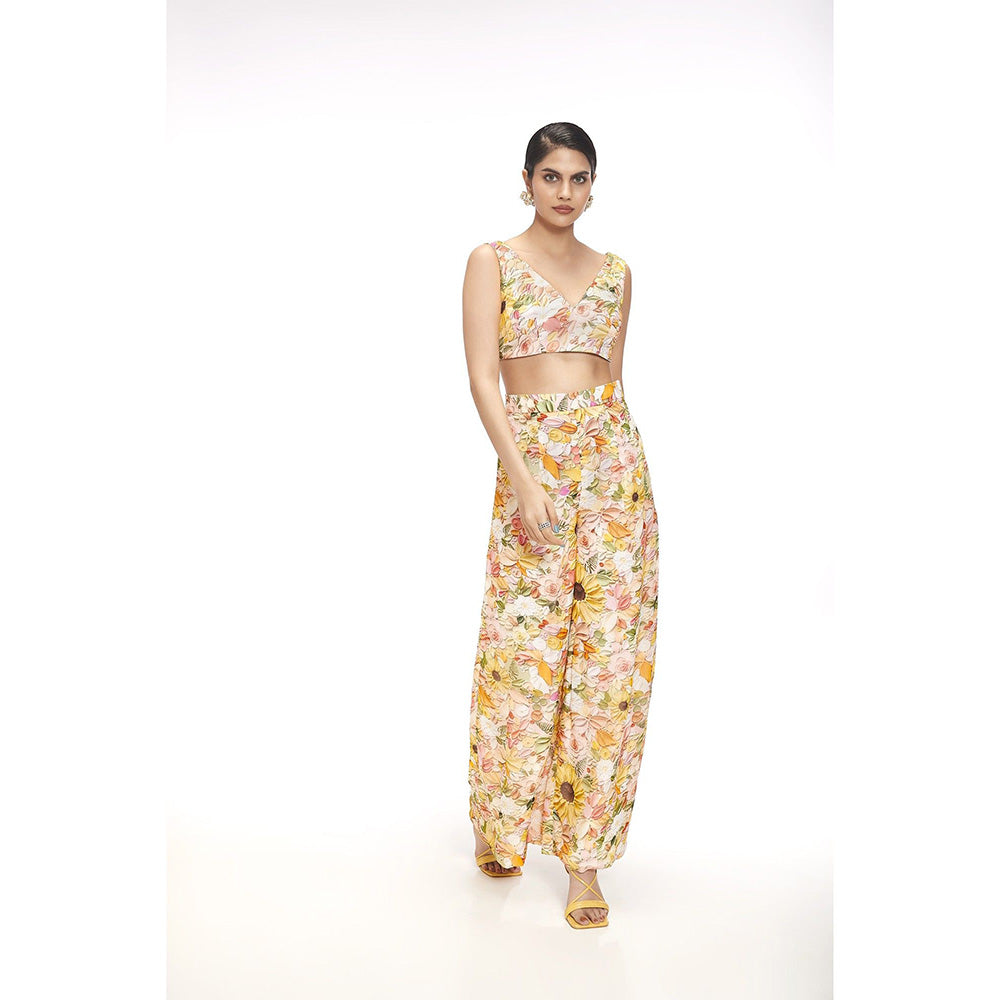 SAYAANIKA Heather Yellow Floral Embellished Kurta with Bustier and Pant (Set of 3)
