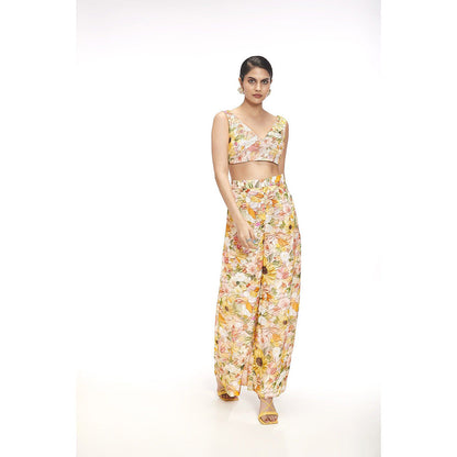 SAYAANIKA Heather Yellow Floral Embellished Kurta with Bustier and Pant (Set of 3)