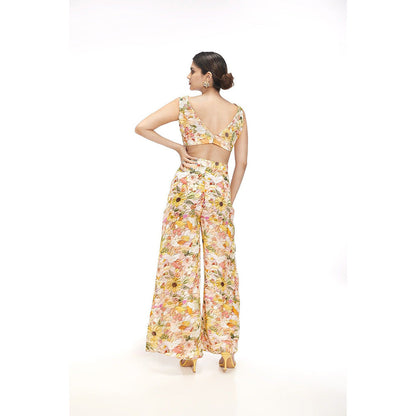 SAYAANIKA Heather Yellow Floral Embellished Kurta with Bustier and Pant (Set of 3)
