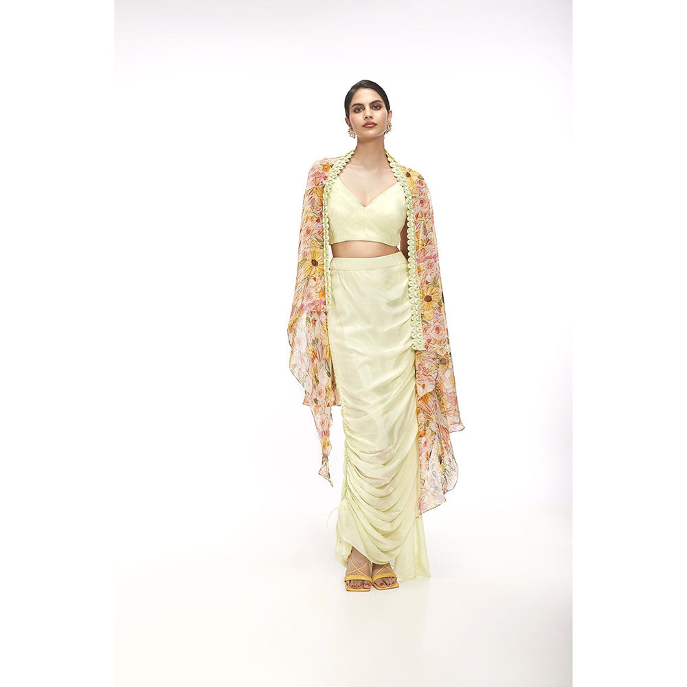 SAYAANIKA Ariel Yellow Floral Printed Blouse with Skirt and Cape (Set of 3)