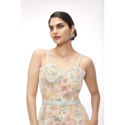 SAYAANIKA Yellow Floral Embellished Jumpsuit and Belt (Set of 2)