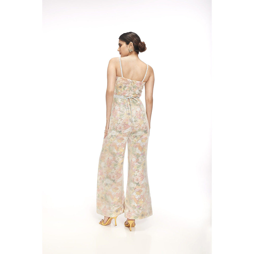 SAYAANIKA Yellow Floral Embellished Jumpsuit and Belt (Set of 2)