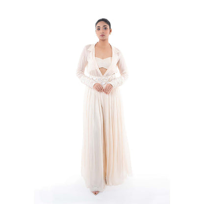 SAYAANIKA Pink Neive Bustier with Shirt and Flared Pant (Set of 3)