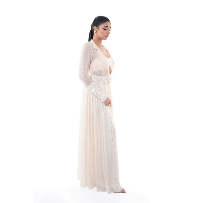 SAYAANIKA Pink Neive Bustier with Shirt and Flared Pant (Set of 3)