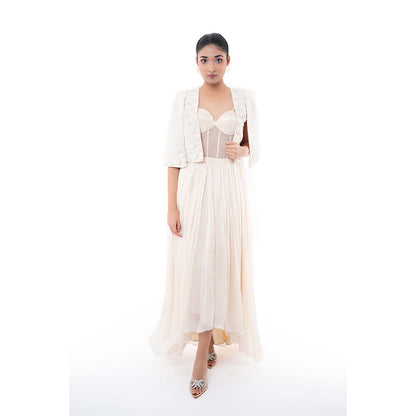 SAYAANIKA White Agate Dress with Crop Jacket (Set of 2)
