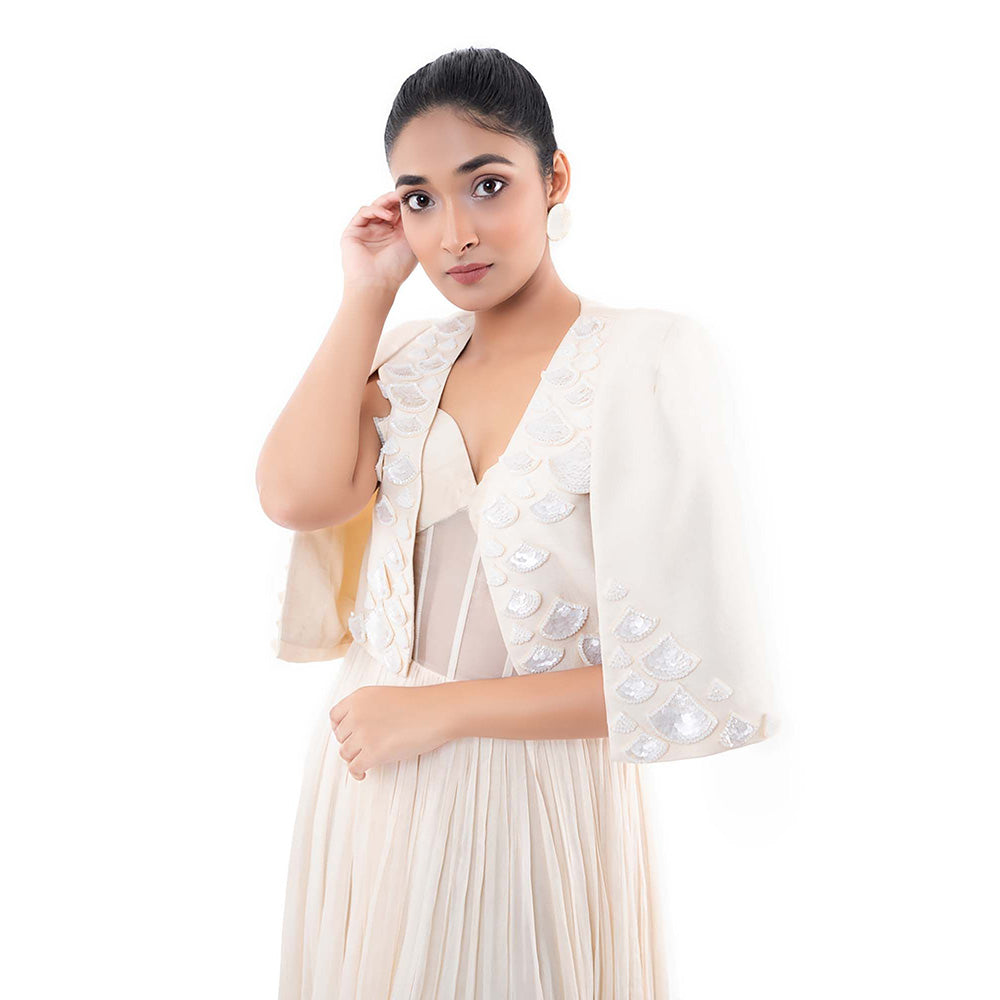 SAYAANIKA White Agate Dress with Crop Jacket (Set of 2)