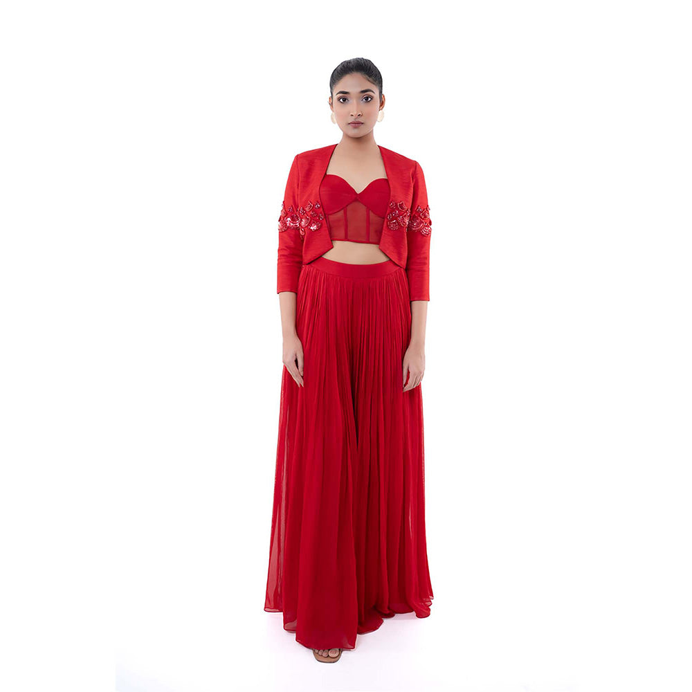 SAYAANIKA Red Rosa Bustier with Crop Jacket and Palazzo (Set of 3)