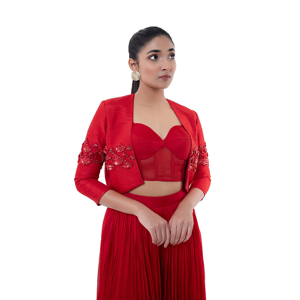 SAYAANIKA Red Rosa Bustier with Crop Jacket and Palazzo (Set of 3)