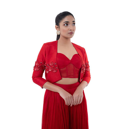 SAYAANIKA Red Rosa Bustier with Crop Jacket and Palazzo (Set of 3)
