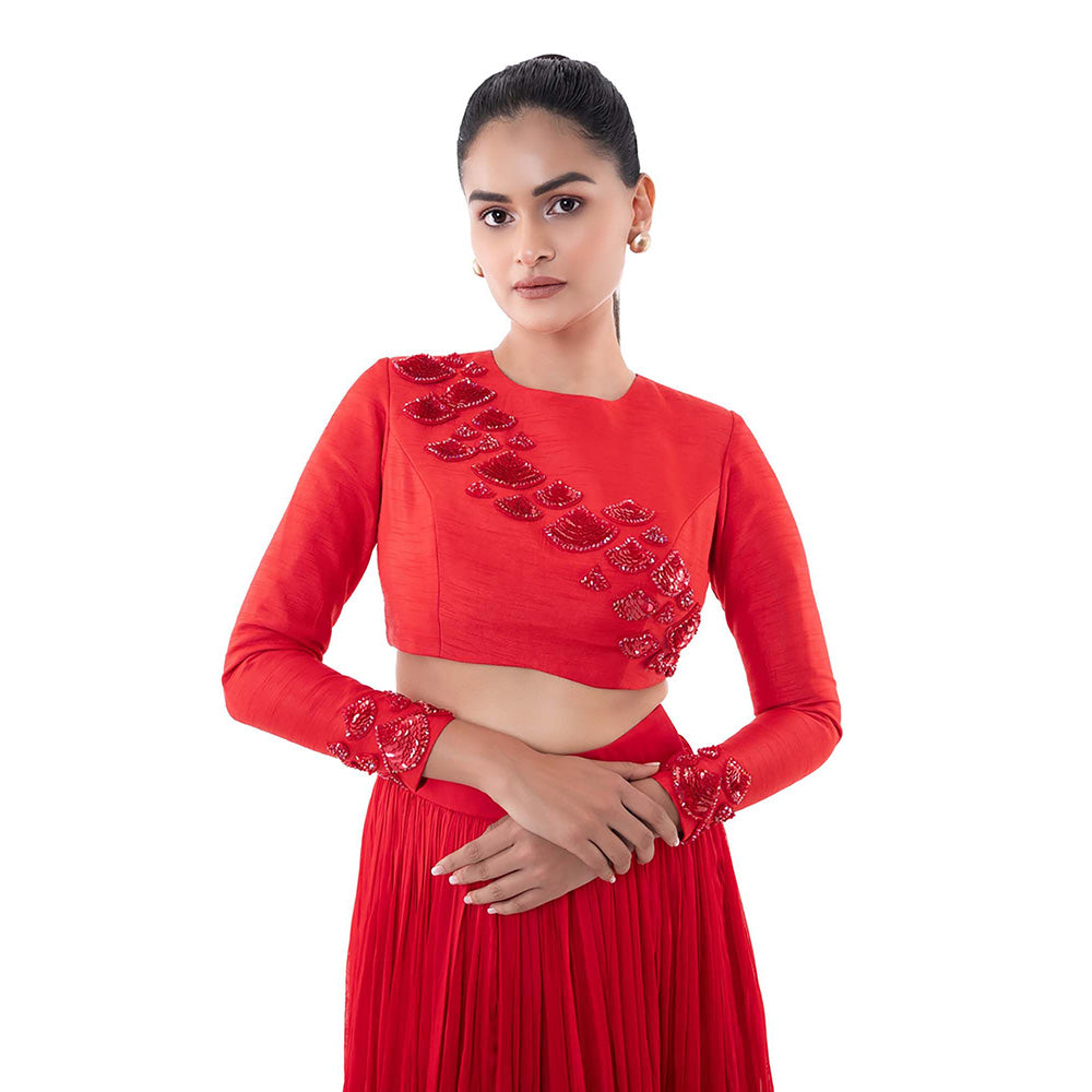 SAYAANIKA Red Rubi Lehenga with Stitched Blouse (Set of 2)