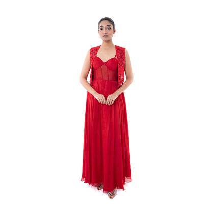 SAYAANIKA Red Carmesi Maxi Dress with Crop Jacket (Set of 2)