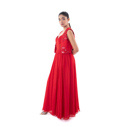 SAYAANIKA Red Carmesi Maxi Dress with Crop Jacket (Set of 2)