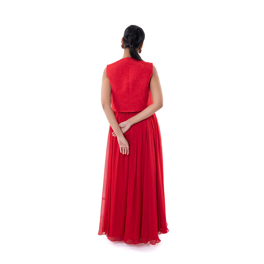 SAYAANIKA Red Carmesi Maxi Dress with Crop Jacket (Set of 2)