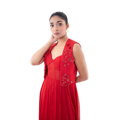 SAYAANIKA Red Carmesi Maxi Dress with Crop Jacket (Set of 2)
