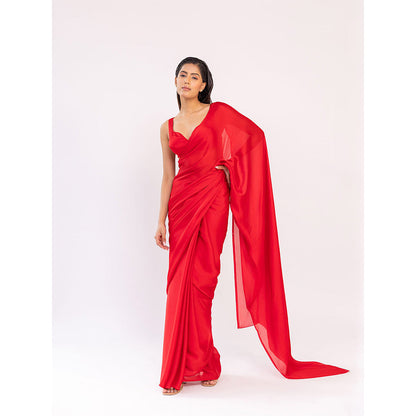 SHAAKHA Red Solid Saree with Unstitched Blouse