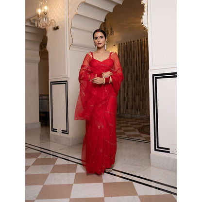 SHAAKHA Red Embellished Saree with Unstitched Blouse