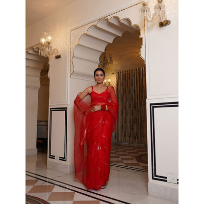 SHAAKHA Red Embellished Saree with Unstitched Blouse