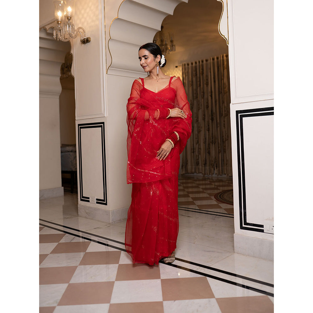 SHAAKHA Red Embellished Saree with Unstitched Blouse