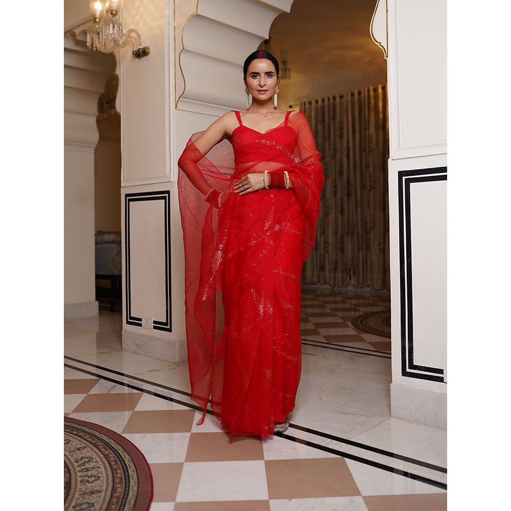 SHAAKHA Red Embellished Saree with Unstitched Blouse