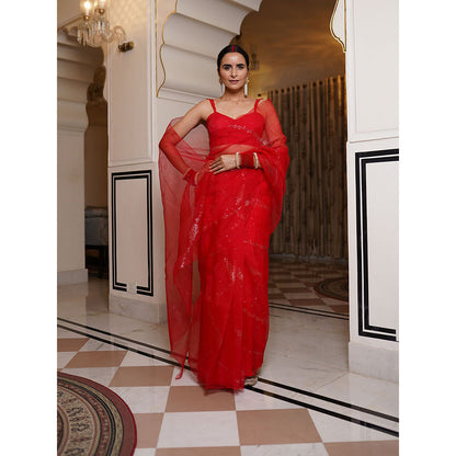 SHAAKHA Red Embellished Saree with Unstitched Blouse