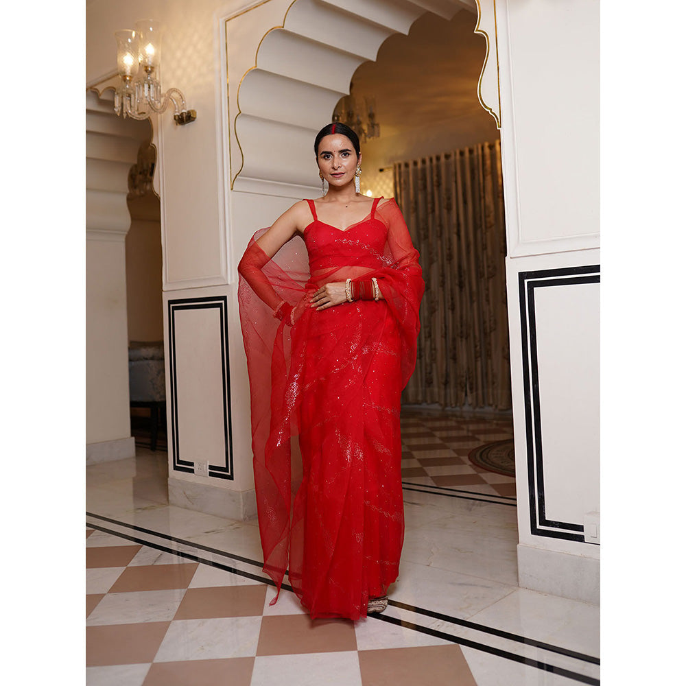 SHAAKHA Red Embellished Saree with Unstitched Blouse