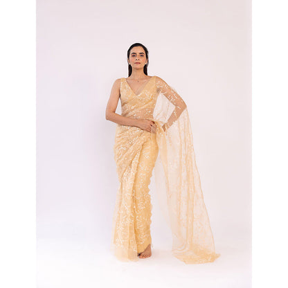 SHAAKHA Beige Embroidered Saree with Unstitched Blouse