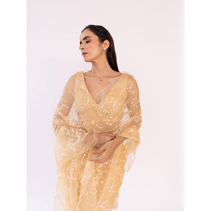 SHAAKHA Beige Embroidered Saree with Unstitched Blouse