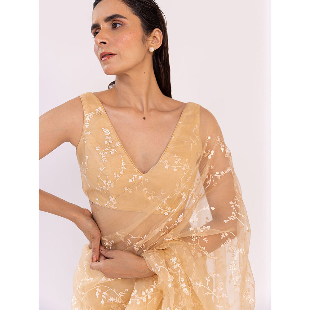 SHAAKHA Beige Embroidered Saree with Unstitched Blouse