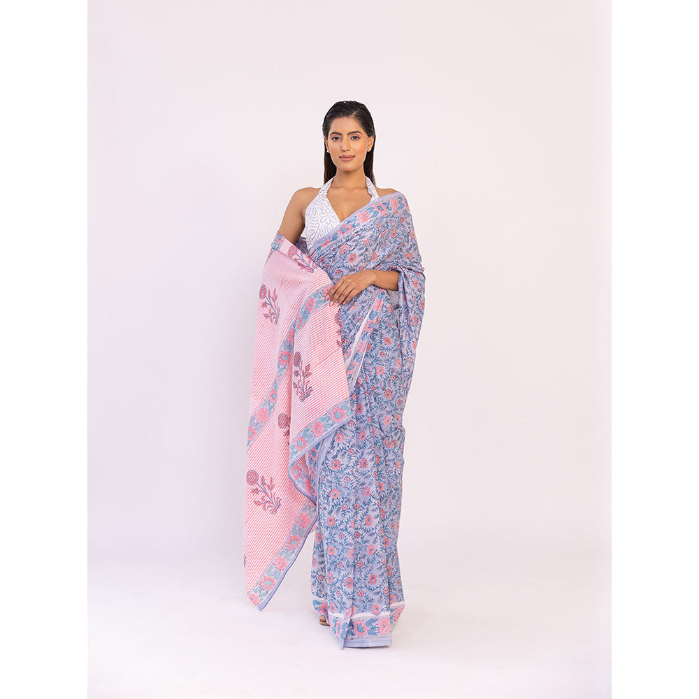 SHAAKHA Blue Floral Saree with Unstitched Blouse