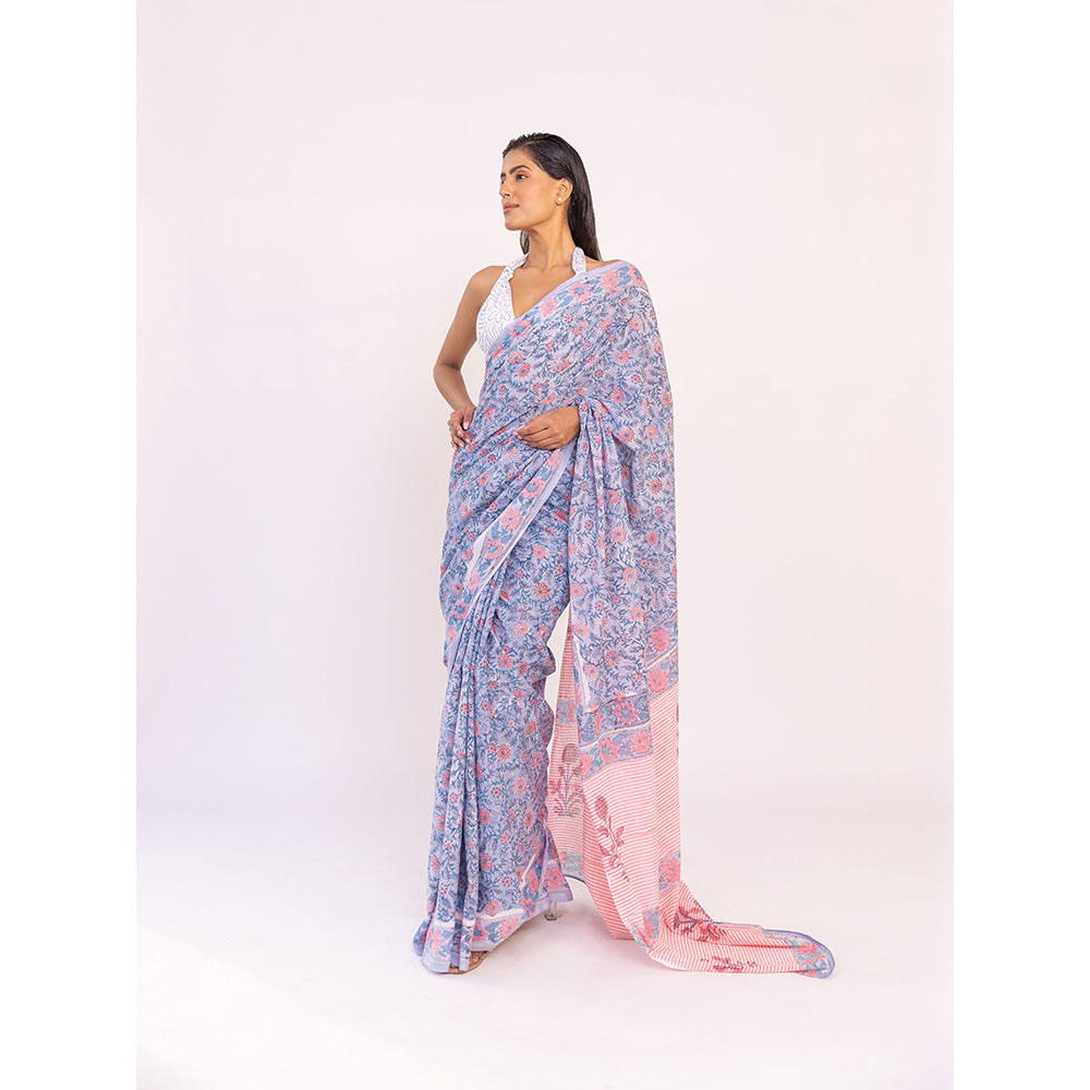 SHAAKHA Blue Floral Saree with Unstitched Blouse