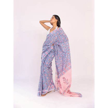 SHAAKHA Blue Floral Saree with Unstitched Blouse