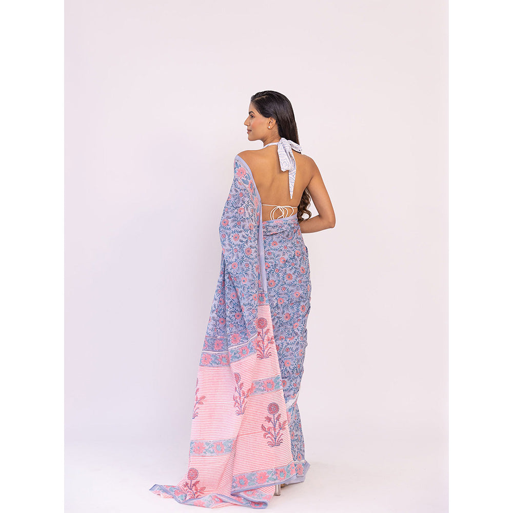 SHAAKHA Blue Floral Saree with Unstitched Blouse