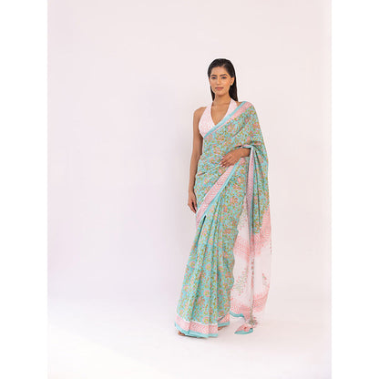 SHAAKHA Green Floral Saree with Unstitched Blouse