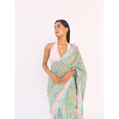 SHAAKHA Green Floral Saree with Unstitched Blouse