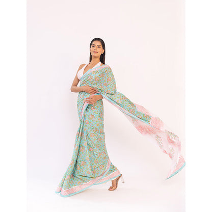 SHAAKHA Green Floral Saree with Unstitched Blouse