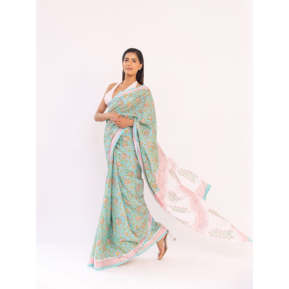 SHAAKHA Green Floral Saree with Unstitched Blouse