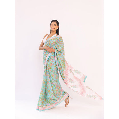 SHAAKHA Green Floral Saree with Unstitched Blouse