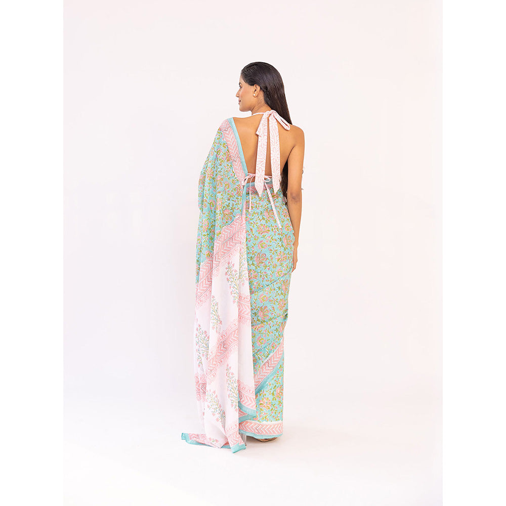 SHAAKHA Green Floral Saree with Unstitched Blouse