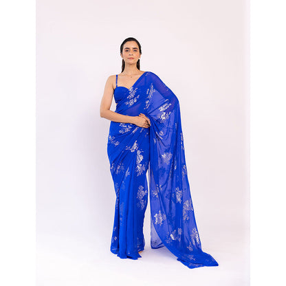 SHAAKHA Navy Blue Floral Saree with Unstitched Blouse