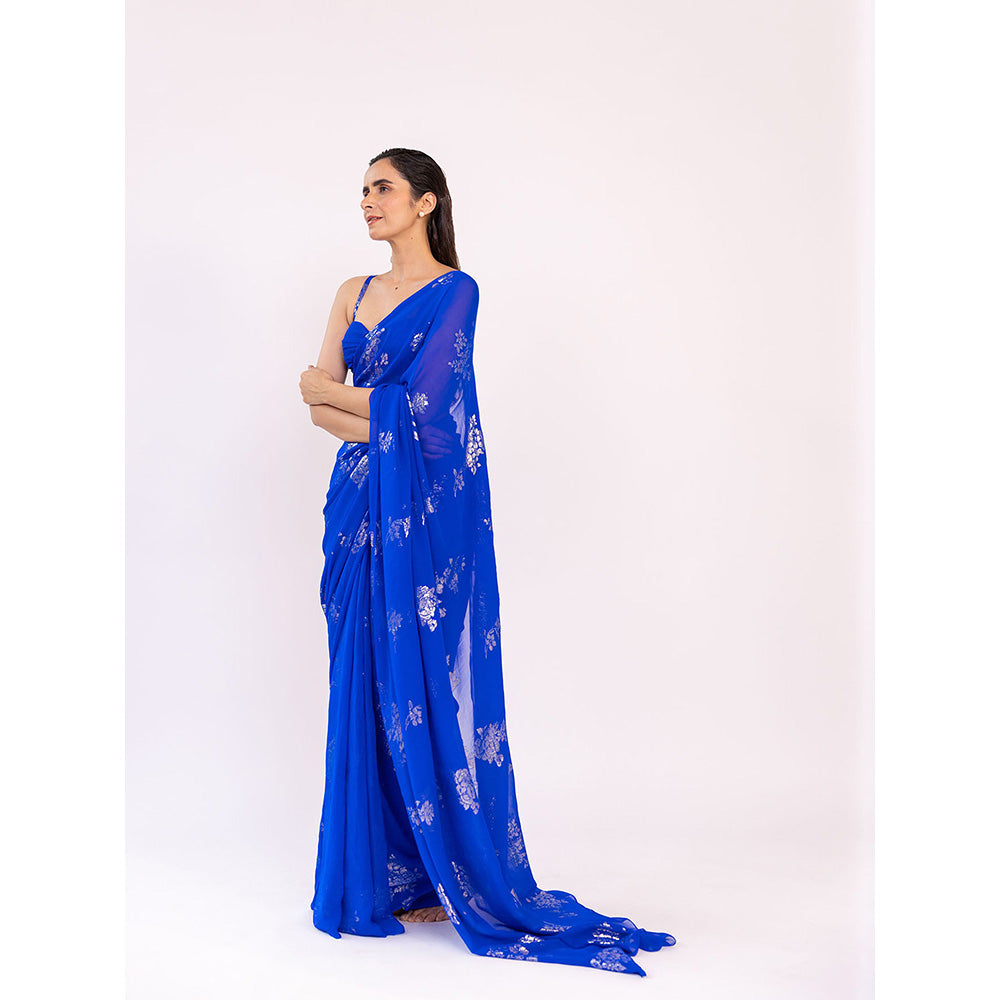 SHAAKHA Navy Blue Floral Saree with Unstitched Blouse