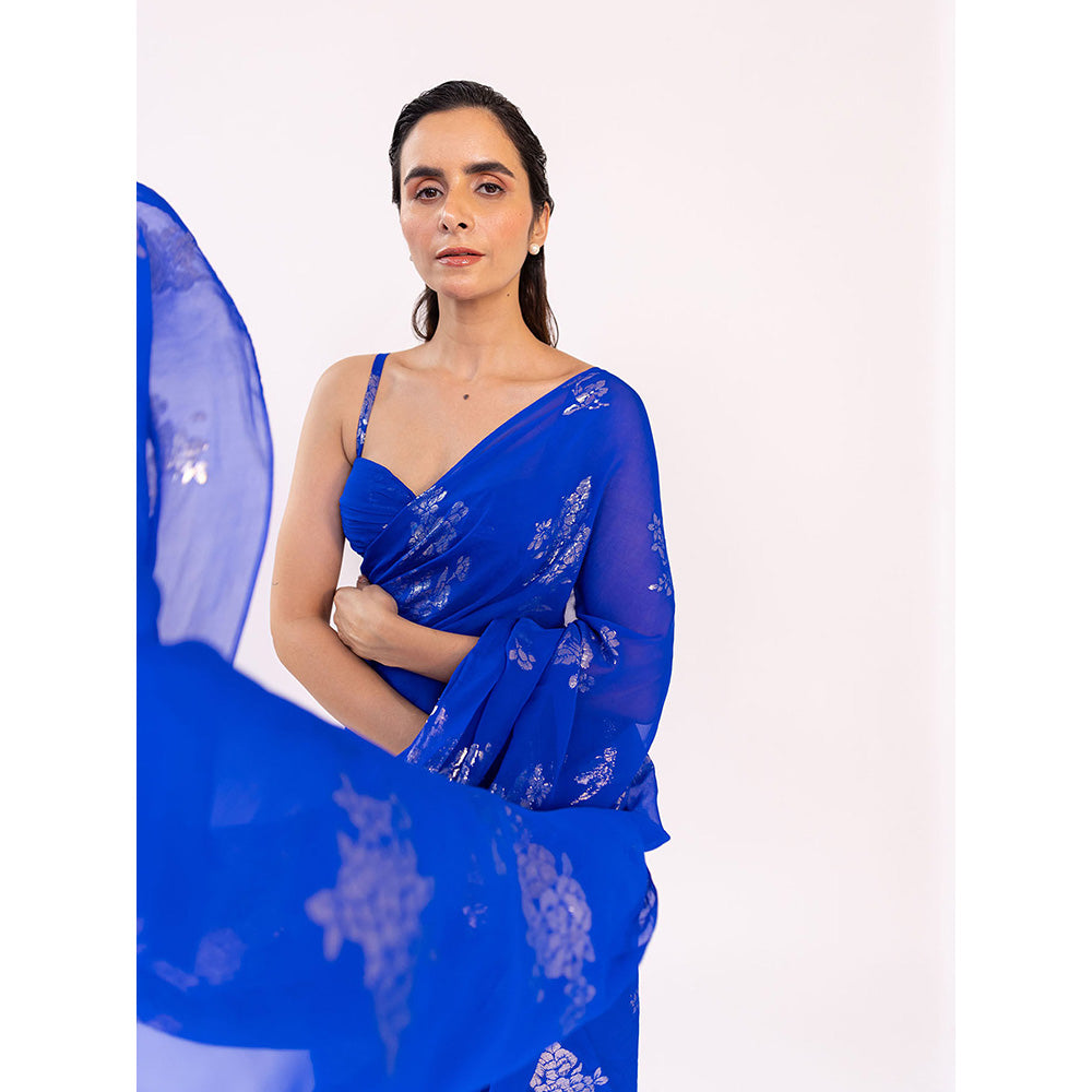 SHAAKHA Navy Blue Floral Saree with Unstitched Blouse